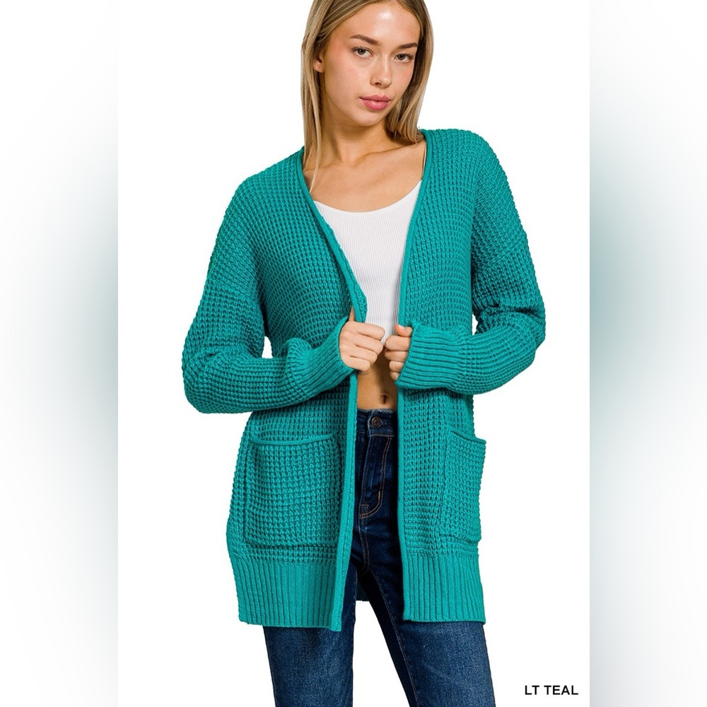 Waffle Knot Open Cardigan | Lt. Teal
